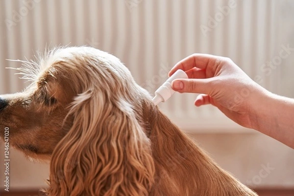 Obraz the dog is treated with a flea remedy. The dog is dripped on the withers with a parasite remedy