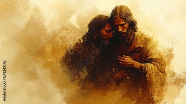 Obraz jesus places his hands on a man s shoulder comforting him digital illustration