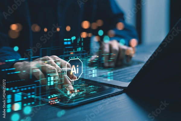 Obraz Humans are using laptops and computers to interact with AI, helping them create, code, train AI, or analyze big data with fast, cutting-edge  technology.