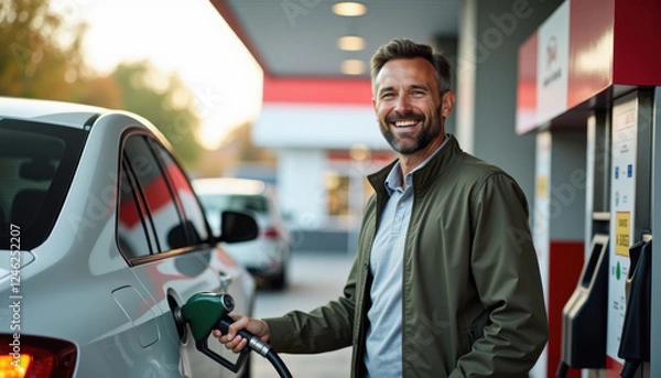 Fototapeta Smiling man refueling his car at a gas station with a cheerful expression
