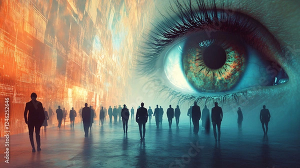 Obraz A surreal giant eye overlooks a crowd of silhouetted people in a glowing digital city, symbolizing surveillance and control

