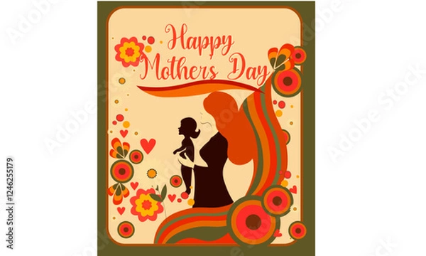 Fototapeta vector illustration of a girl with a banner A vintage-style Mother’s Day poster inspired by the 1970s, featuring a warm, earthy color palette with burnt orange, mustard yellow, and soft pastels.