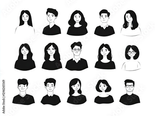 Obraz Diverse Collection of Doodle People Icons Black and White Vector Illustration