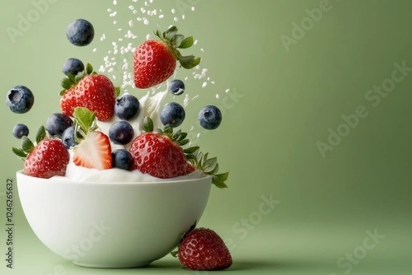 Fototapeta Fresh Berries Tumble Into Creamy Yogurt Bowl Against a Pastel Green Backdrop, Creating a Vibrant and Inviting Composition for Microstocks
