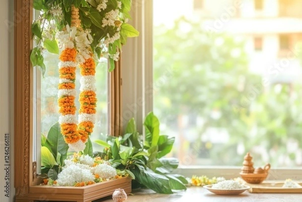 Fototapeta Colorful Ugadi Garland Adorns Wooden Frame in a Vibrant Festive Setting With Soft Natural Light