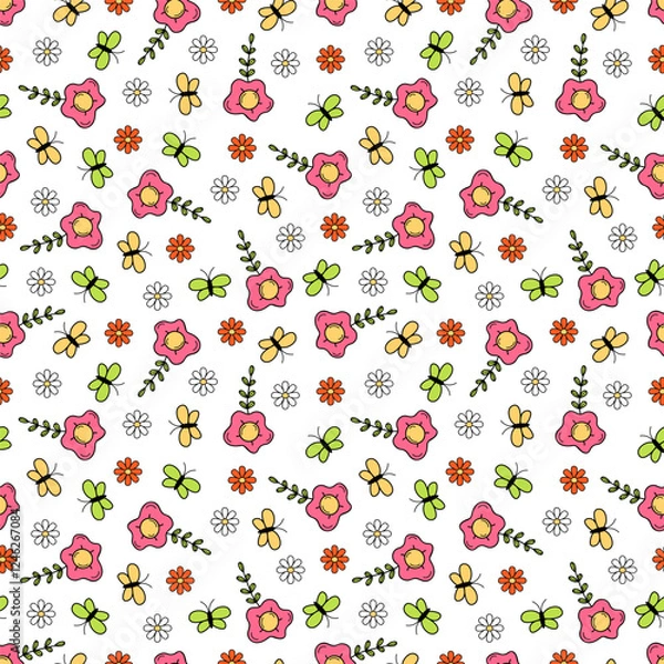 Fototapeta Seamless pattern with flowers and butterflies in doodle style.  Ideal for baby clothes, textiles, packaging, web backgrounds, fabrics, wrapping paper, decoration. On a white background