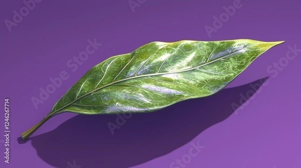 Fototapeta A luminous green leaf lies on a captivating violet background casting shadow