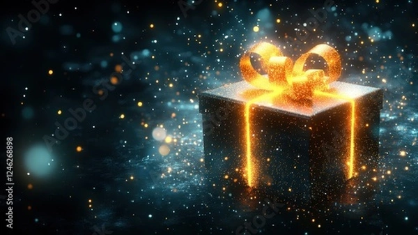 Fototapeta Glowing abstract gift box with floating ribbons enchanted environment digital art fantasy viewpoint