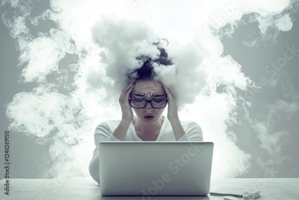 Obraz Young woman struggles with brain fog while trying to work at her laptop in a modern workspace