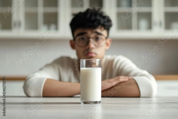 Obraz Teenager with lactose intolerance hesitates while looking at a glass of milk in bright kitchen