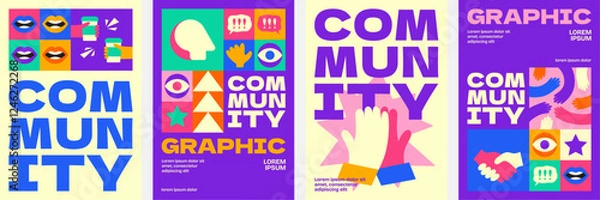 Fototapeta Vibrant community poster collection with bold typography, geometric shapes, synergy elements, and playful color blocks for a modern social design.