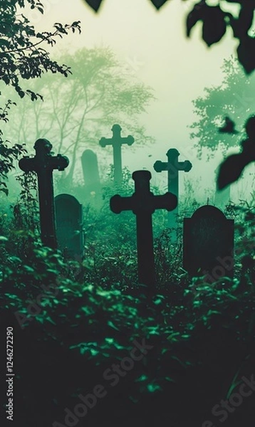 Fototapeta Foggy graveyard with crosses and tombstones, ideal for Halloween or spooky projects