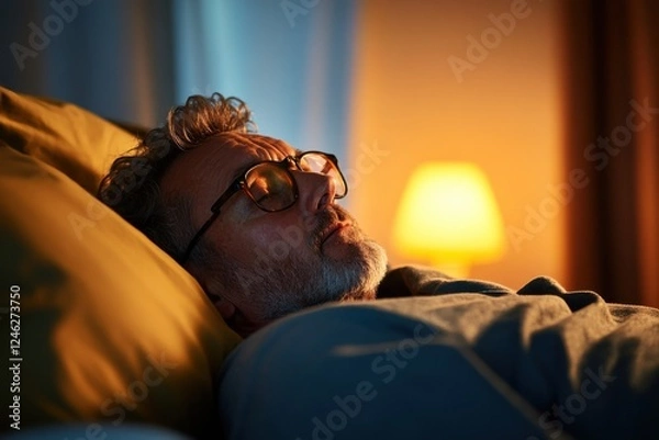 Fototapeta Middle aged man wakes up gasping for air in dim bedroom suffering from sleep apnea
