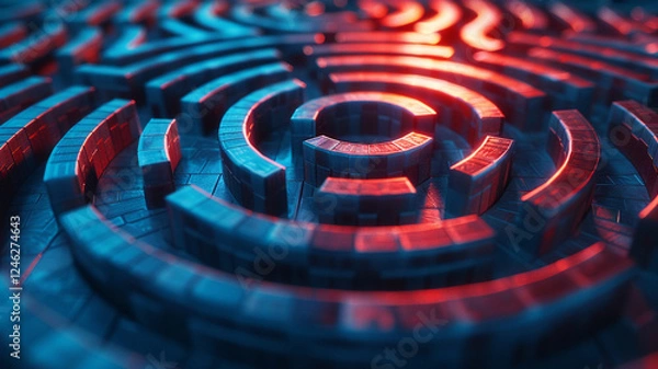 Fototapeta labyrinth design with intricate paths symbolizing various investment choices, illuminated in vibrant red and blue hues, evokes sense of strategic financial planning