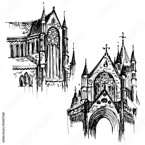 Obraz Gothic architecture. Hand drawn gothic cathedral. Vector illustration.