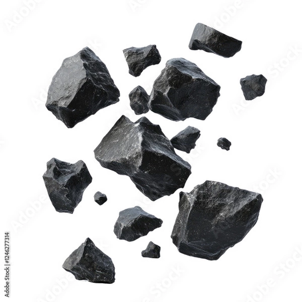 Fototapeta Falling black rocks isolated on transparent background Remove png, Clipping Path, pen tool