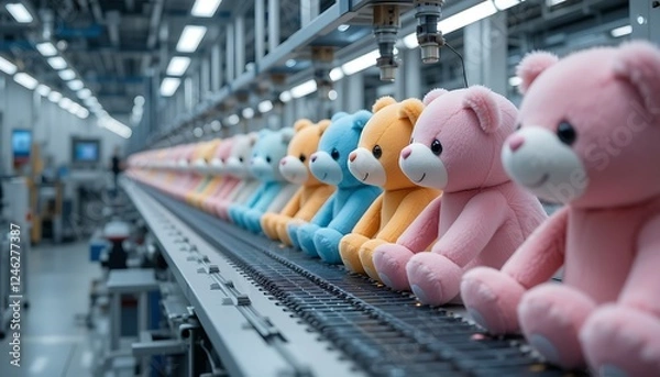 Fototapeta A high-tech factory assembly line producing soft plush toys with automated precision and attention to detail.
