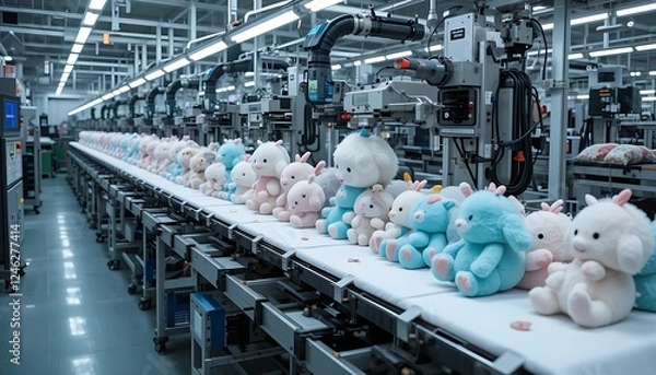 Fototapeta A high-tech factory assembly line producing soft plush toys with automated precision and attention to detail.
