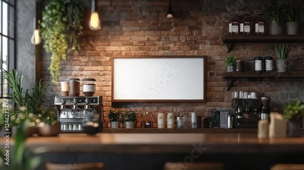 Fototapeta Cozy Coffee Shop Interior with Blank Menu Board and Rustic Decor Surrounded by Plants and Espresso Machine