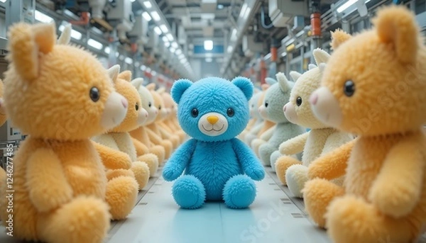 Fototapeta A high-tech factory assembly line producing soft plush toys with automated precision and attention to detail.
