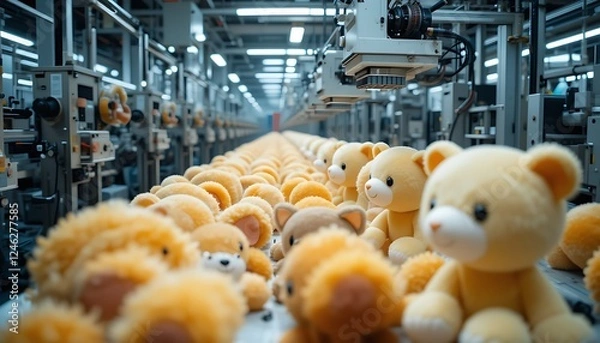 Fototapeta A high-tech factory assembly line producing soft plush toys with automated precision and attention to detail.
