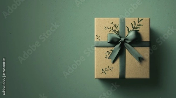 Fototapeta Elegant gift box with a green ribbon and botanical design on a soft background