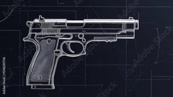 Obraz A futuristic digital blueprint of a semi-automatic handgun showcases precise technical details on a dark background for a modern design concept  
