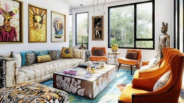 Fototapeta Eclectic living room, sunny, vibrant art.