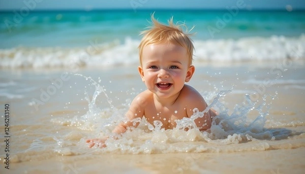 Fototapeta A cheerful baby splashing and playing in shallow beach water under the warm summer sun, enjoying the seaside vacation.
