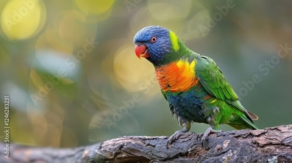 Fototapeta Vibrant rainbow lorikeet perched on a branch amidst a blurred green background, showcasing nature's beauty