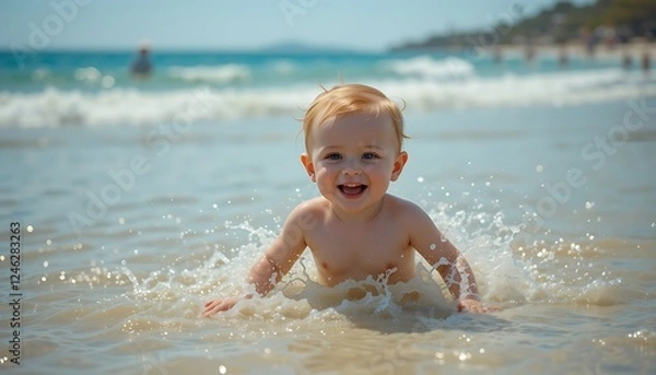 Fototapeta A cheerful baby splashing and playing in shallow beach water under the warm summer sun, enjoying the seaside vacation.
