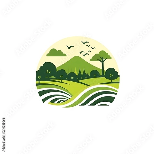 Fototapeta Serene Landscape: A stylized illustration depicts a peaceful countryside scene nestled within a circular frame. Rolling hills, trees, a mountain, and birds create a tranquil and idyllic image. 