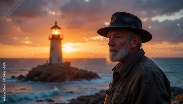 Fototapeta An elderly lighthouse keeper standing near a glowing lighthouse as the sun sets, casting a golden light over the ocean.