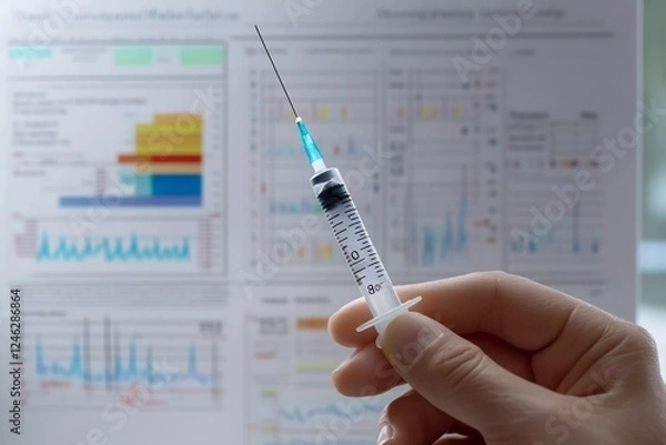 Obraz Hand holding syringe with medication in front of medical data on a screen in a healthcare environment