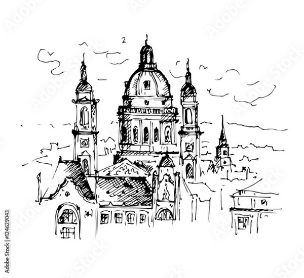 Obraz Hand drawn St. Stephen's Basilica in Budapest. Sketch, vector illustration.