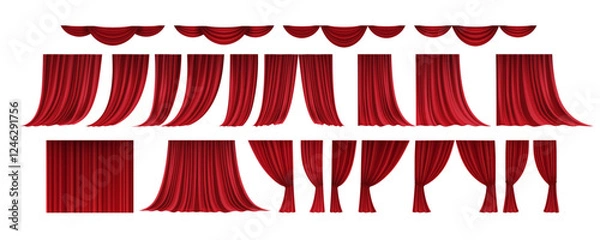 Fototapeta Realistic 3D Set of Red Velvet Theater Curtains Open and Closed Long and Short Top Borders Isolated on White Background