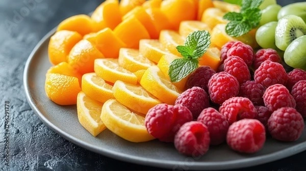 Fototapeta Fresh fruit platter, close-up of vibrant fruits neatly arranged on a platter
