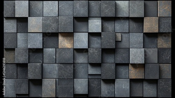 Obraz Asymmetrical Stone Cubes Elevation Textured Background Seamless Modern Building Blocks Facade Design.