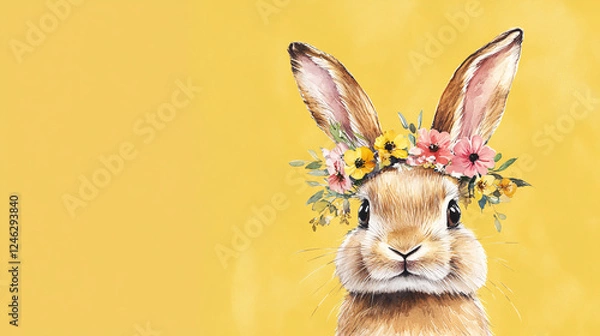 Obraz a hand-painted bunny with a flower wreath on its head set against a warm yellow backdrop in a charming artistic style  
