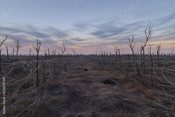 Fototapeta Panoramic view of no man's land at Western Front showcasing barren landscape under twilight sky