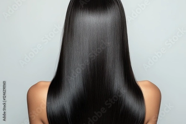 Obraz Long, shiny black hair cascading down the back of a woman against a simple, light background highlighting the sleek texture and natural gloss of her locks