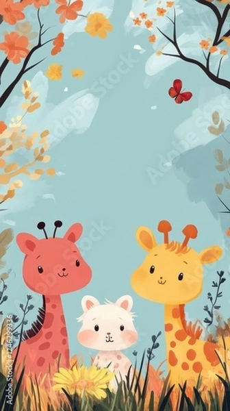 Fototapeta Colorful cartoon animals in a whimsical forest setting during autumn with flowers and butterflies all around them