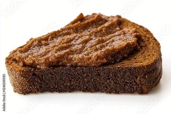 Fototapeta Slice of Dark Rye Bread Topped with Savory Spread on White Background Delicious and Rustic
