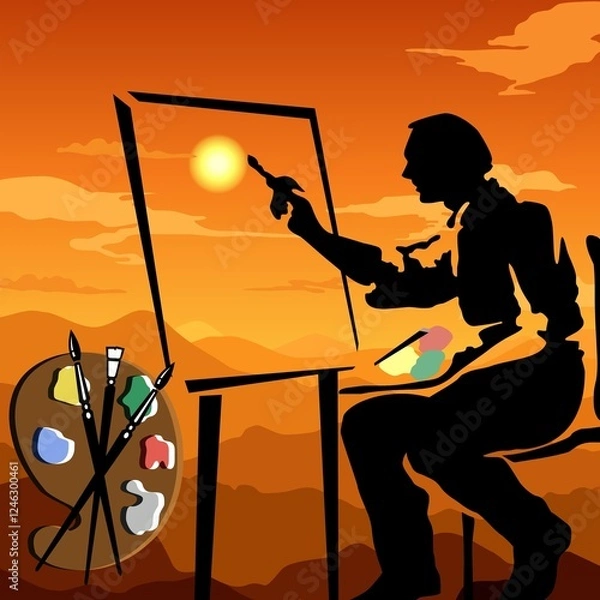 Fototapeta A silhouette of an artist paints a vibrant sunset on a canvas, with a palette and brushes nearby. The warm hues of orange and yellow color the sky, casting an inspiring glow over the scene.