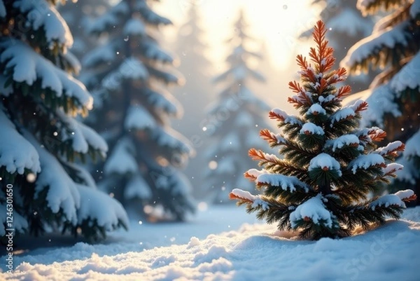 Fototapeta Snowflakes gently falling on conifer trees with bright orange leaves, wood, color