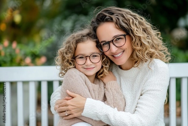 Fototapeta Loving mother and daughter bonding, wearing matching eyeglasses, hugging closely on white park bench under bright sunlight, sharing tender family connection