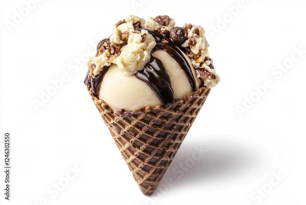 Fototapeta Delicious vanilla ice cream in waffle cone with chocolate sauce and nut toppings delight