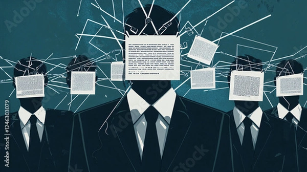 Fototapeta A surreal illustration of faceless businessmen wearing suits with screens instead of heads connected by wires symbolizing media control and conformity
