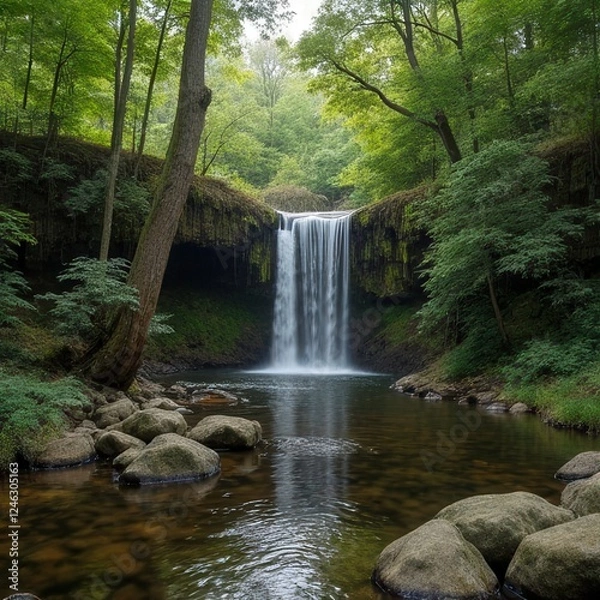 Obraz Scenic Waterfall in Lush Green Forest  