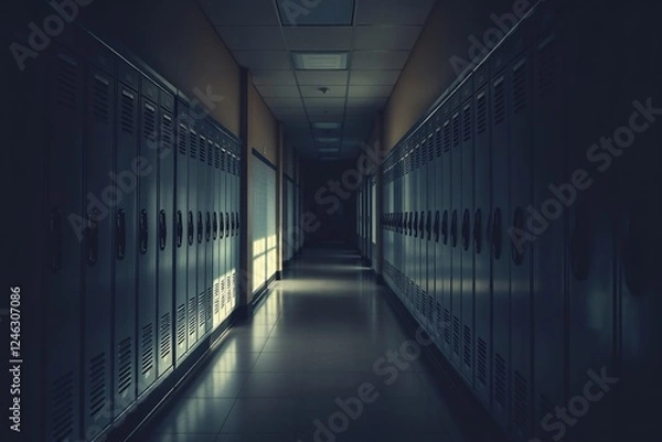 Obraz A dark school hallway lined with lockers, illuminated softly by light through nearby windows, creating a serene and reflective atmosphere.